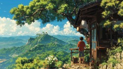 山居夏望 小房子 男孩 风景桌面壁纸