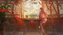 <strong>唯美</strong>国风 少女 红色裙子 房间 桌子 灯笼 窗 动漫壁纸