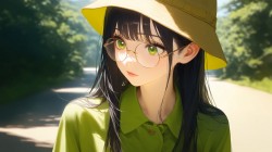 戴着帽子行走在热辣太阳马路上的动漫眼镜<strong>女孩</strong>桌面壁纸美图