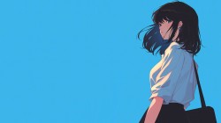 蓝色背景，背着黑色单肩包的<strong>动漫少女</strong>AI美图壁纸