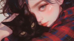 抱着一只黑猫看着你的红色格纹衫动漫AI美少女电脑壁纸图片