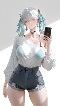 成熟御姐版今汐 <strong><strong>鸣潮</strong></strong>二次元游戏角色壁纸 肉肉腿 牛仔短裤 透明