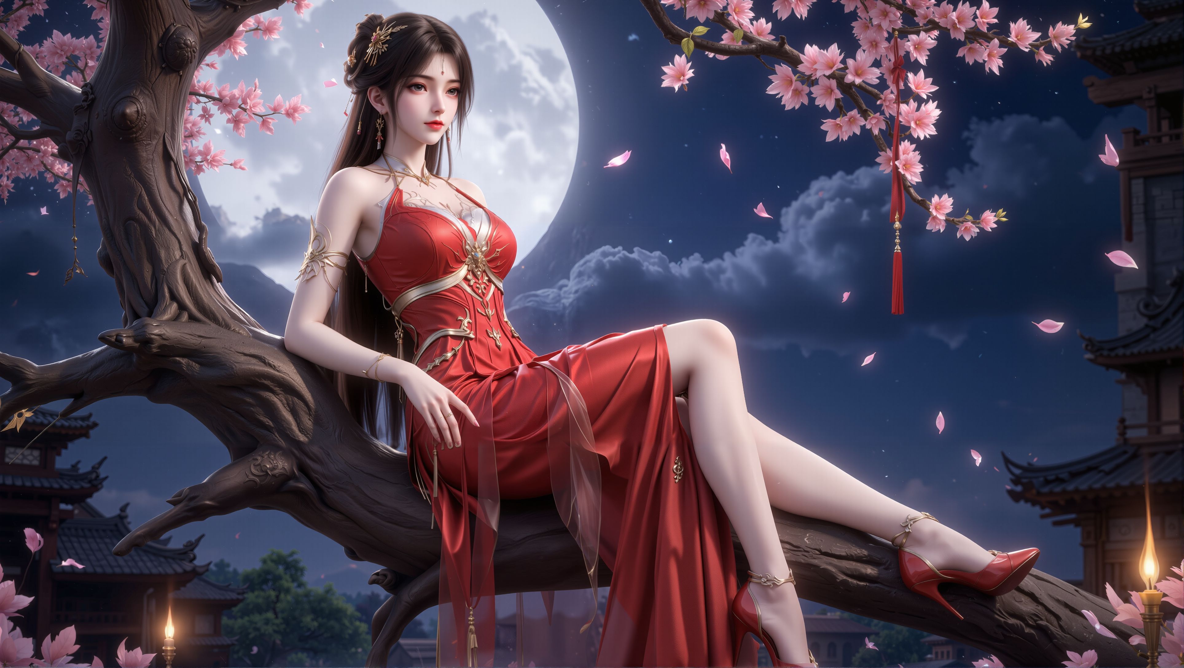红装火灵儿月下独美。国漫女神 壁纸 完美世界