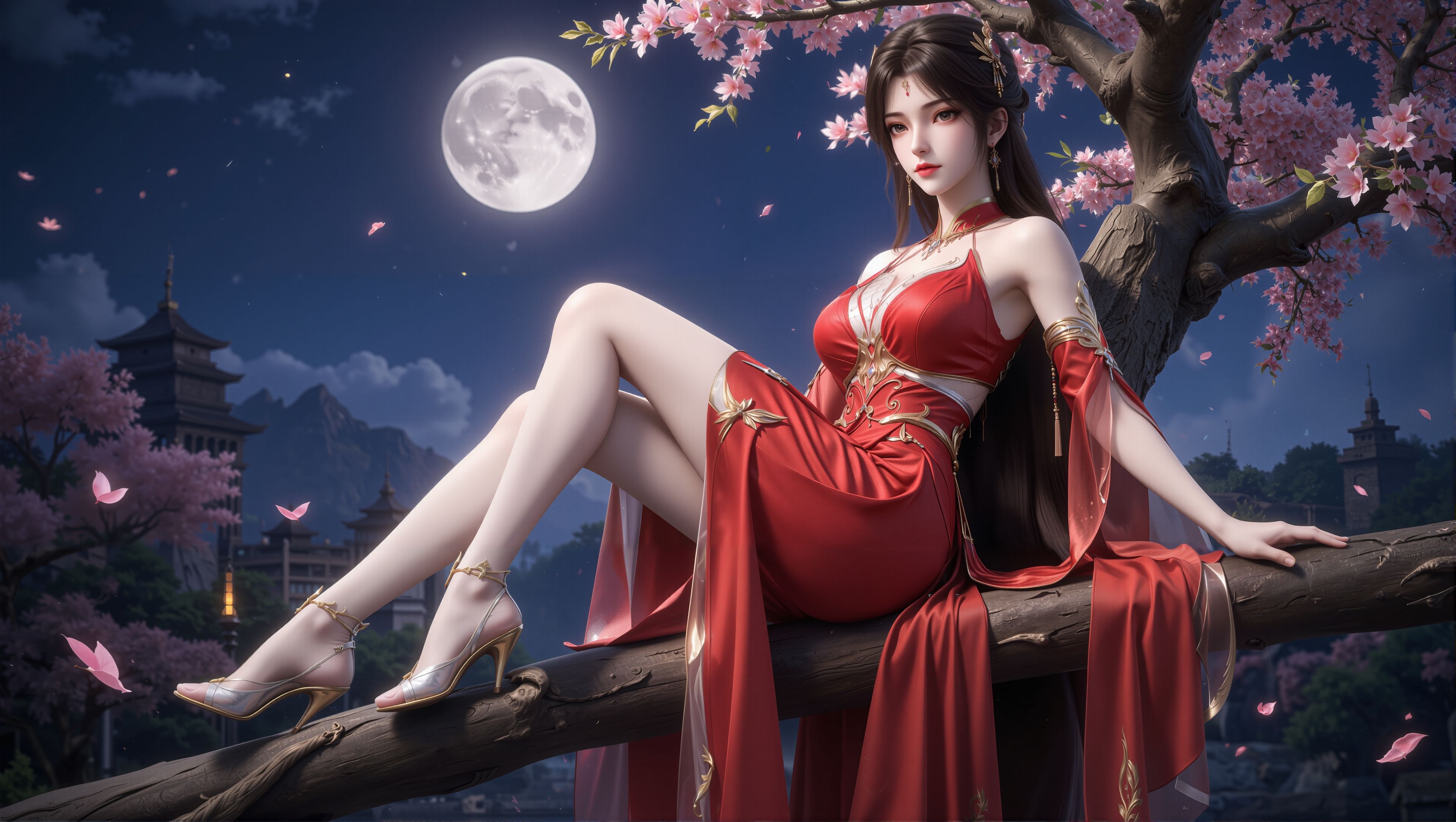 红装火灵儿月下独美。国漫女神 壁纸 完美世界