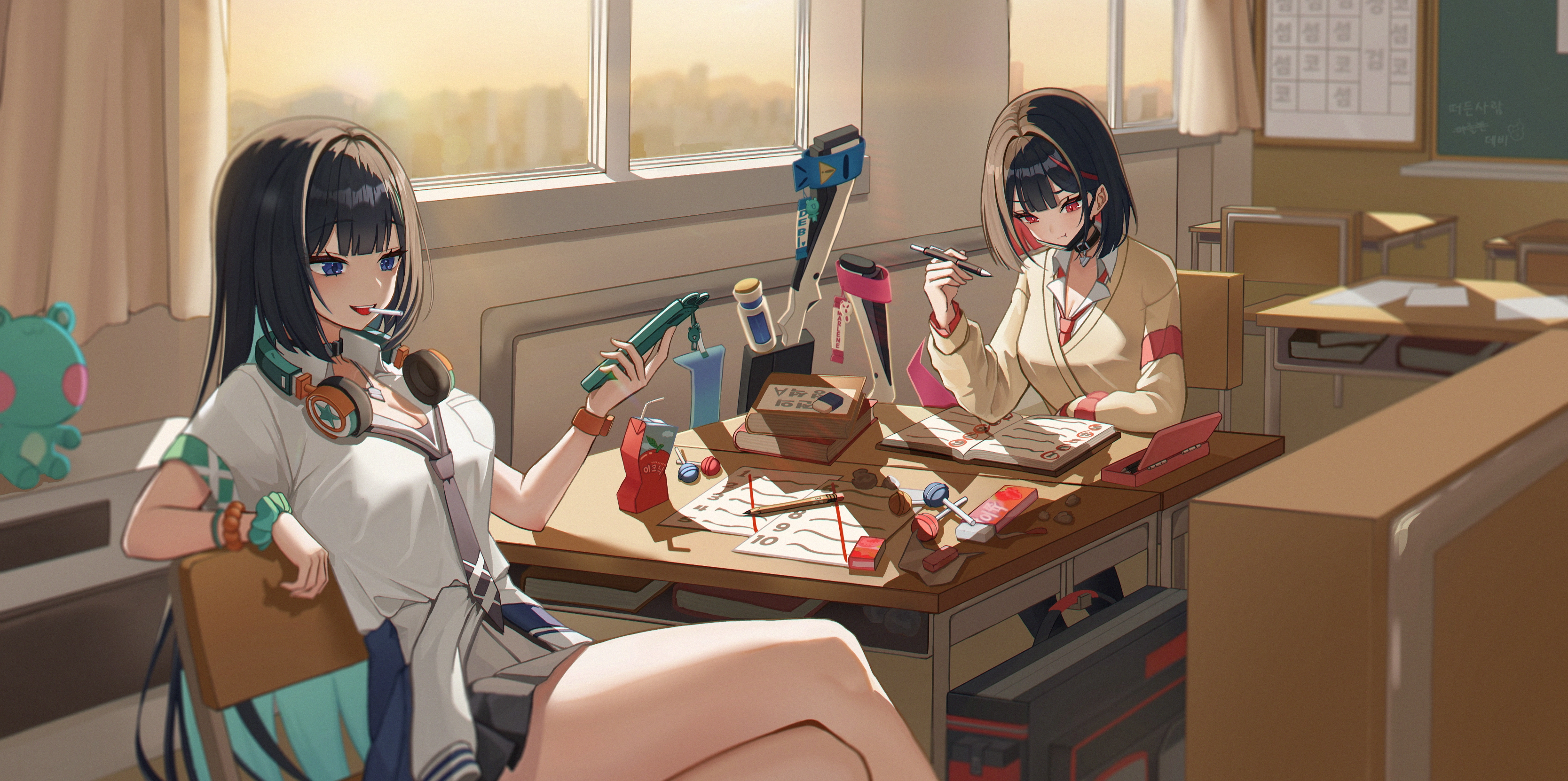 女孩 蓝眼睛 书 糖 项圈 长发 项链 红眼睛 衬衫 裙子 领带 手腕饰品