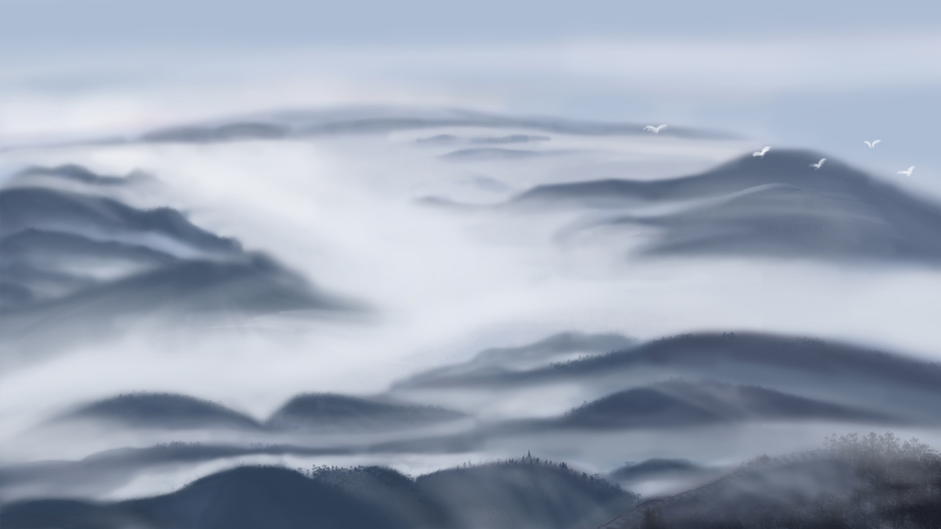 山峦 风景 云端 仙境 水墨画 高清 壁纸