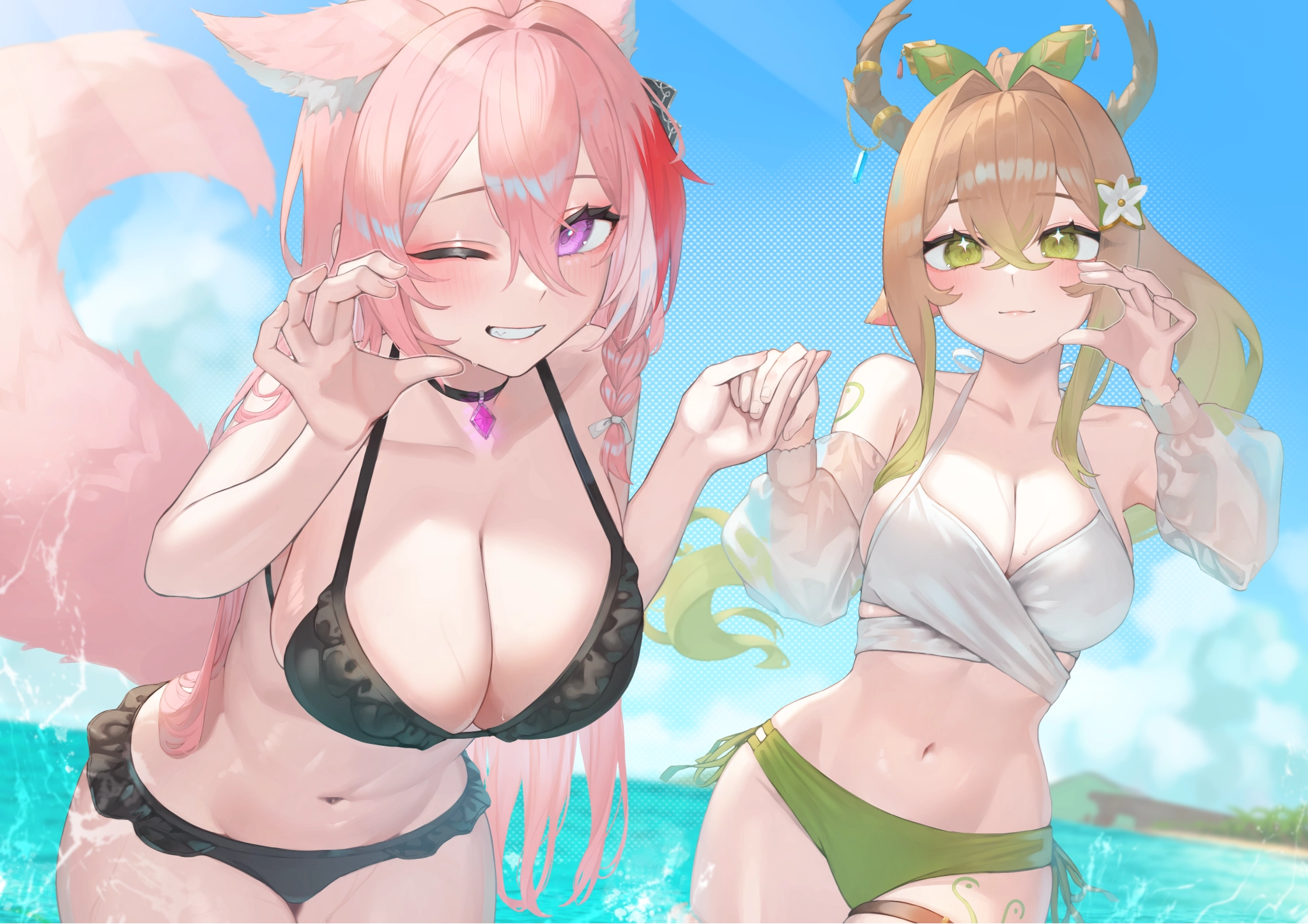 女孩_比基尼_脸红_辫子_项圈_近云_吊袜带_角_肚脐_粉色头发_马尾_天空_泳衣_尾巴_纹身_水