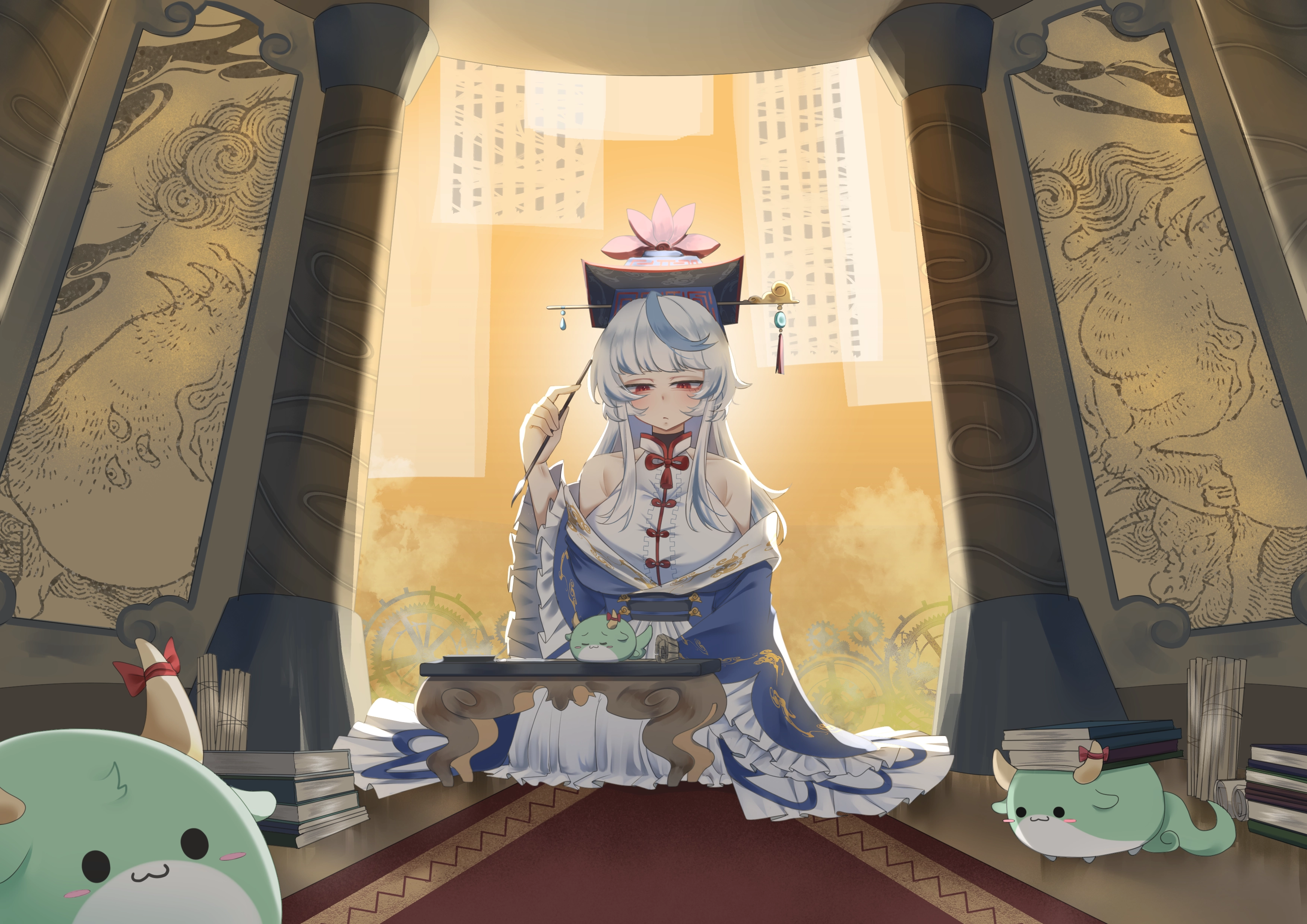 书_猫_微笑_裙子_帽子 衣服_长发_无_红眼_东方_白发