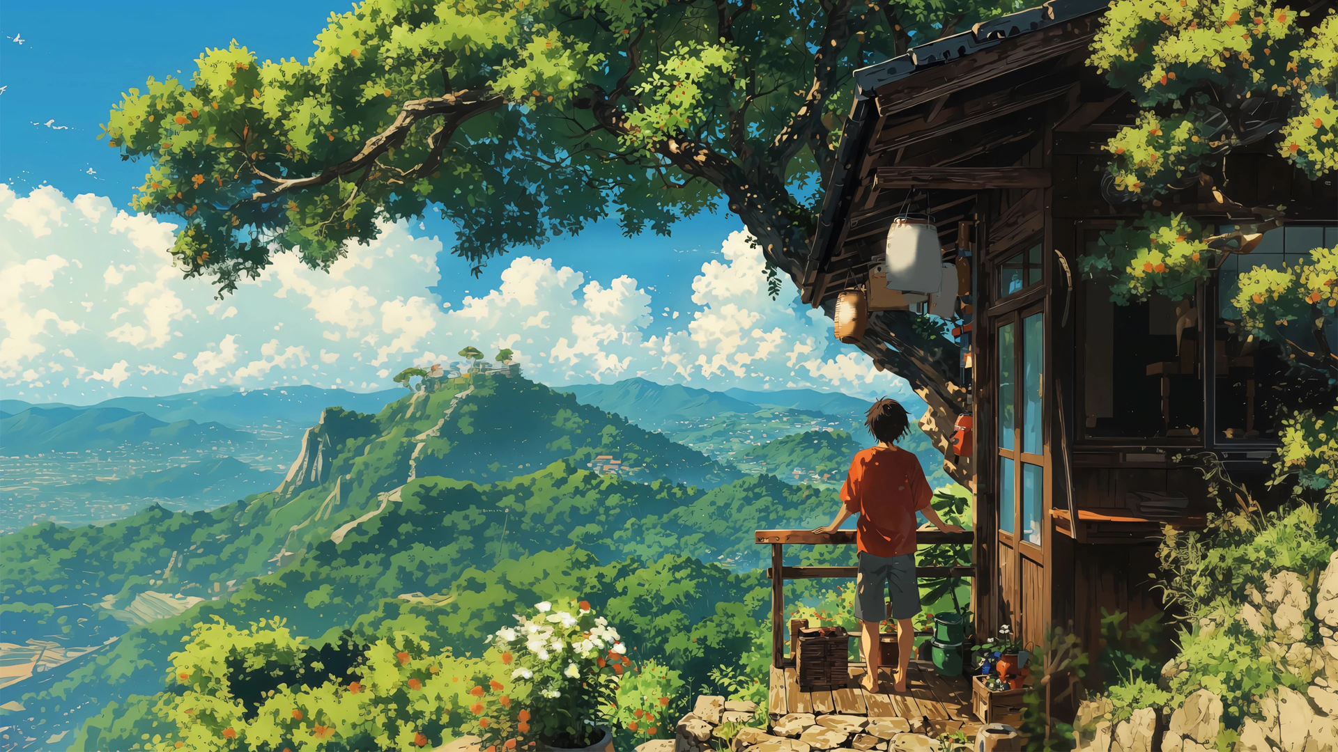 山居夏望 小房子 男孩 风景桌面壁纸