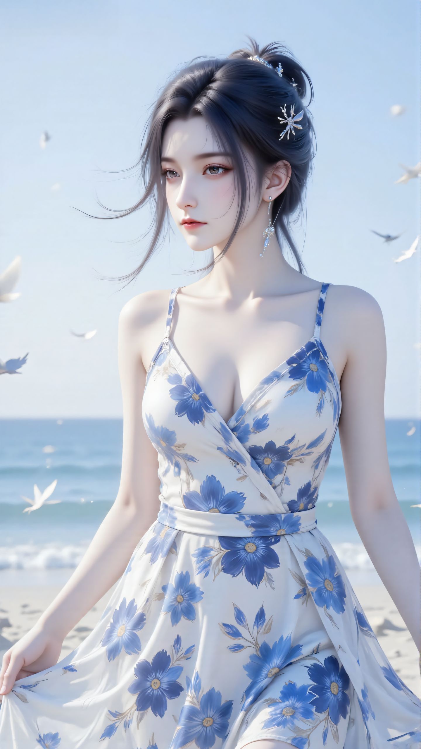 诛仙陆雪琪现代碎花裙壁纸 海边沙滩 超美颜值