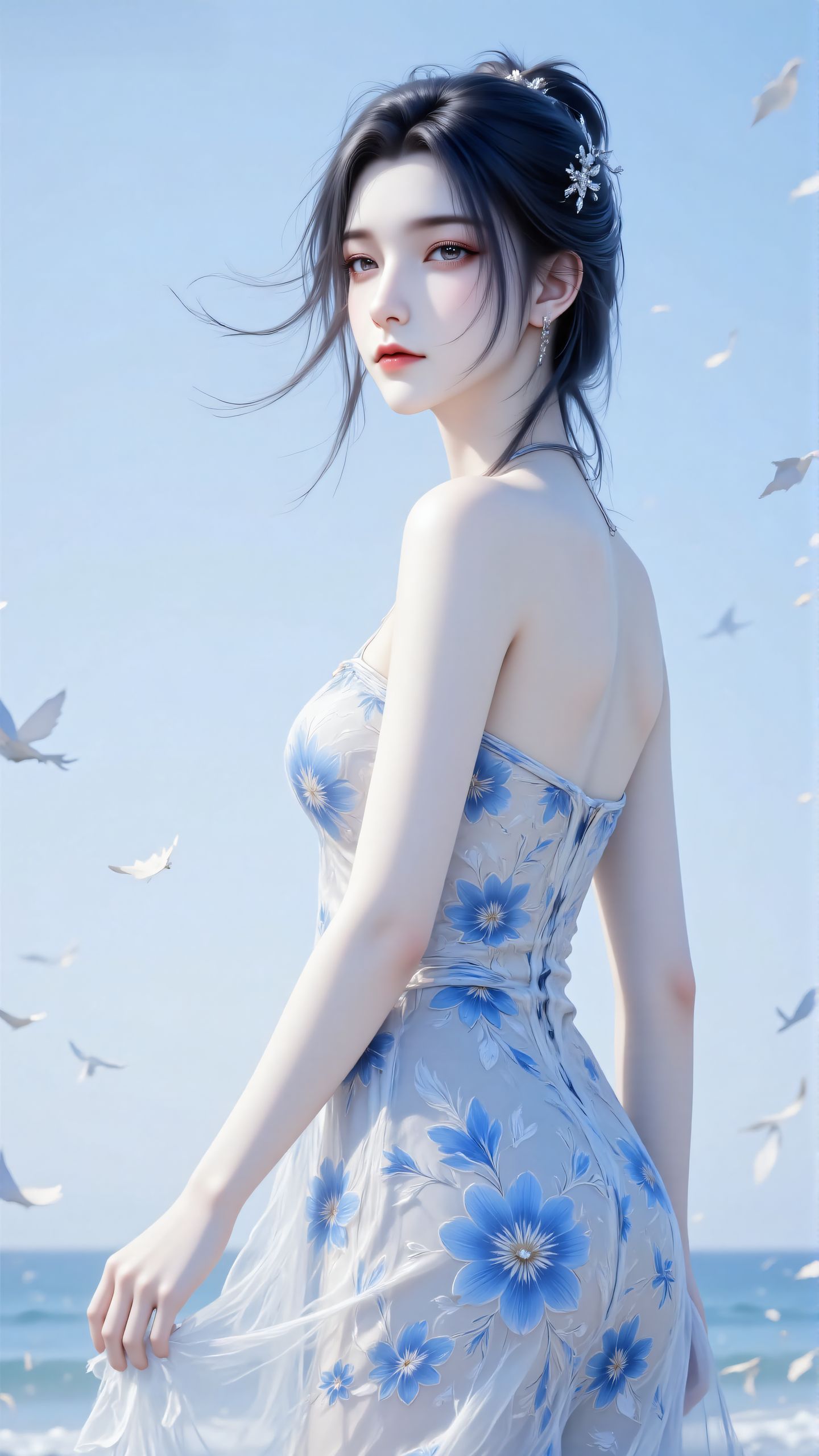 诛仙陆雪琪现代碎花裙壁纸 海边沙滩 超美颜值