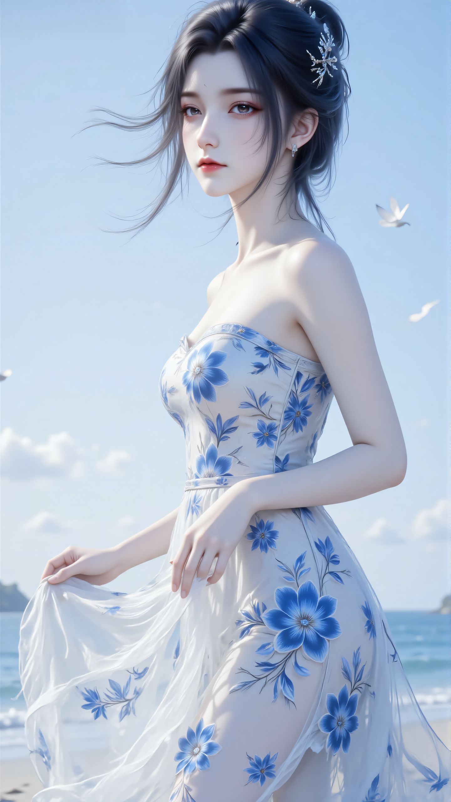 诛仙陆雪琪现代碎花裙壁纸 海边沙滩 超美颜值