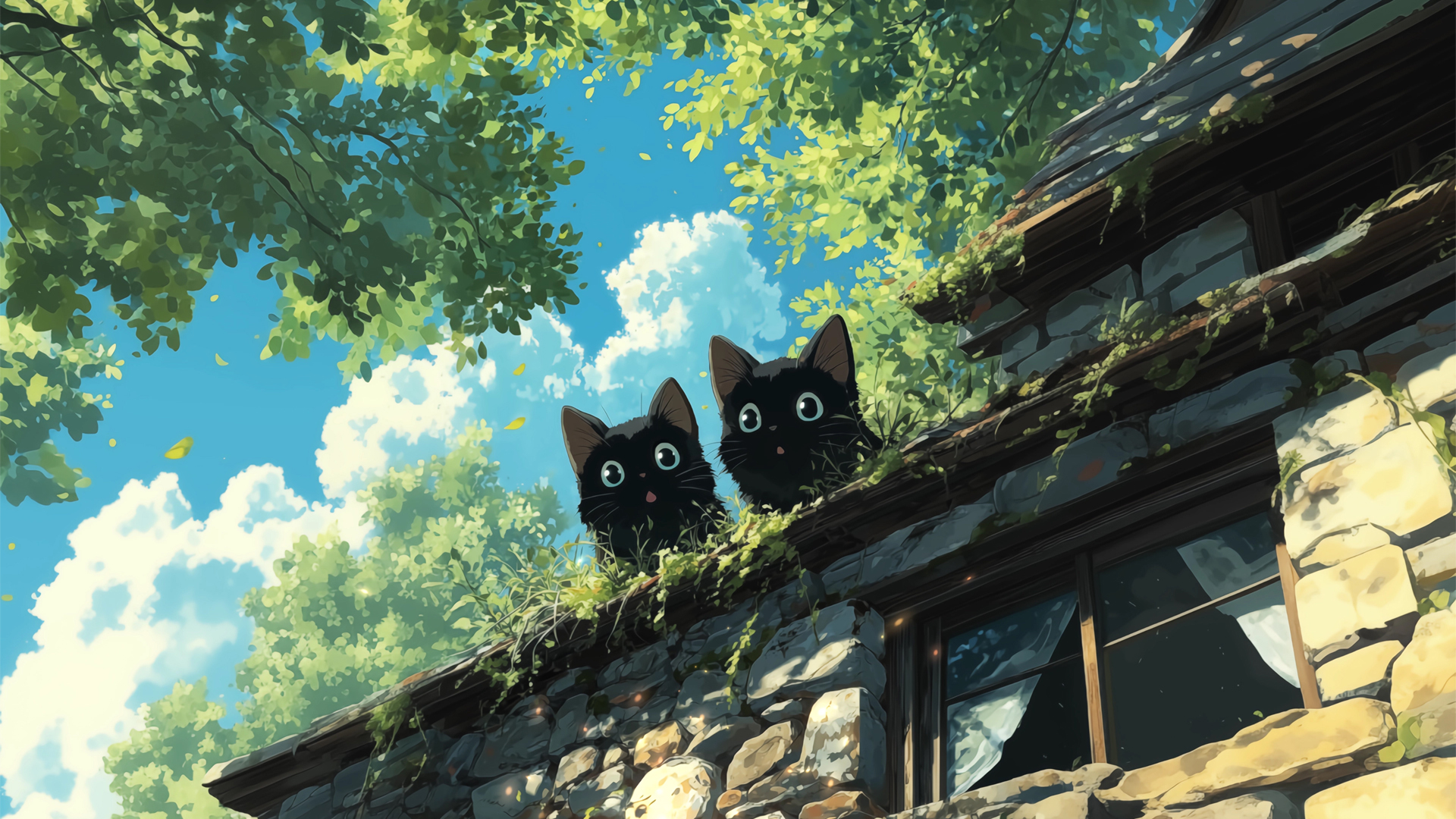 绿色树荫 屋顶 两只小猫 风景桌面壁纸
