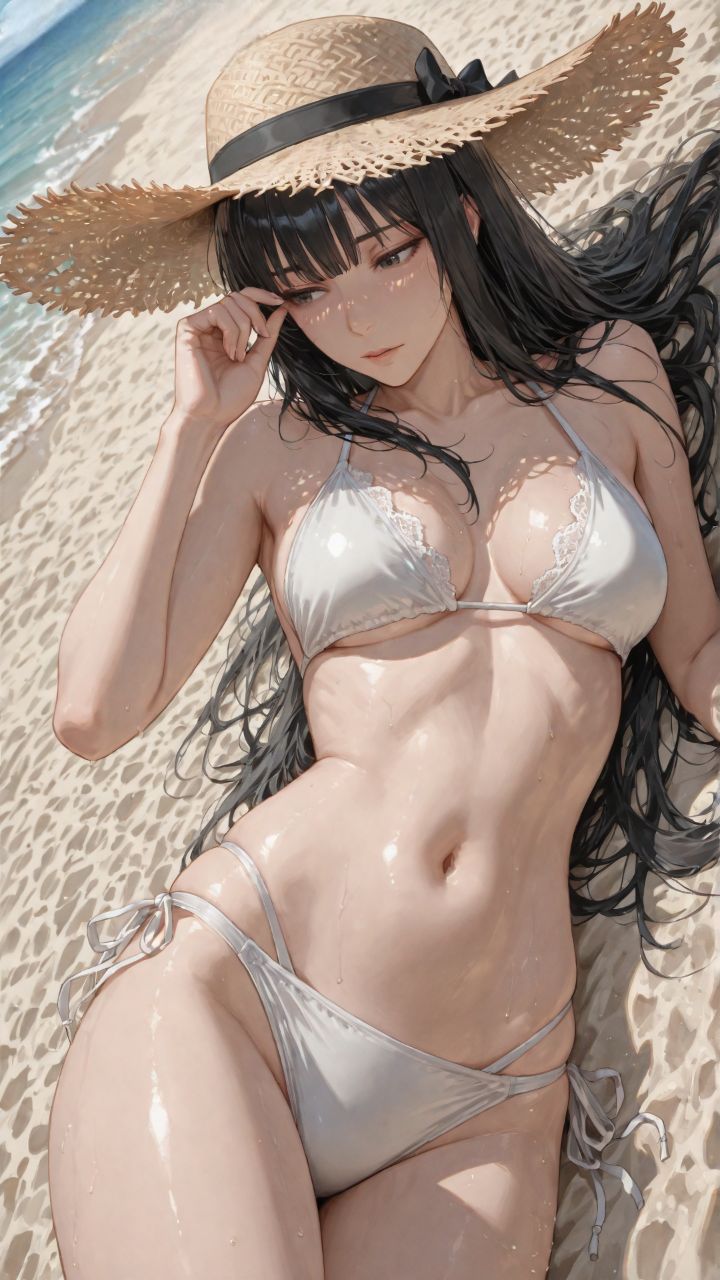 海边沙滩泳装 完美身材 草帽 颜值二次元美女 比基尼