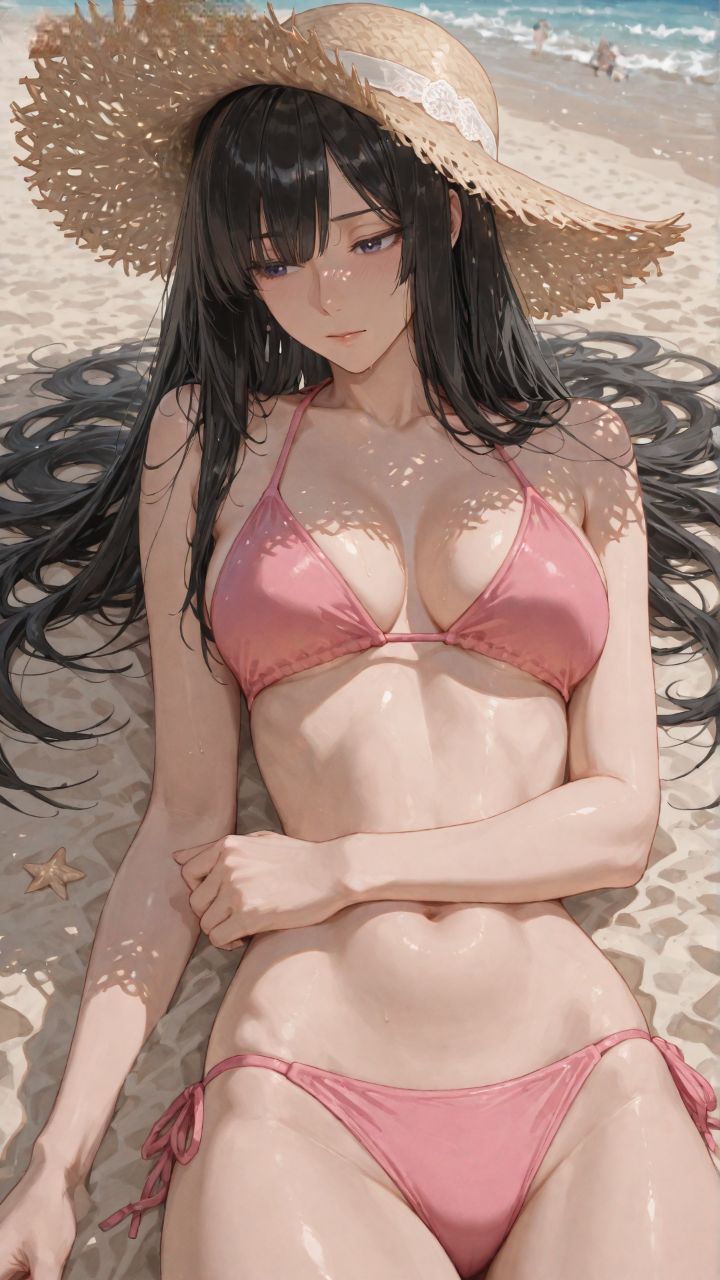 海边沙滩泳装 完美身材 草帽 颜值二次元美女 比基尼