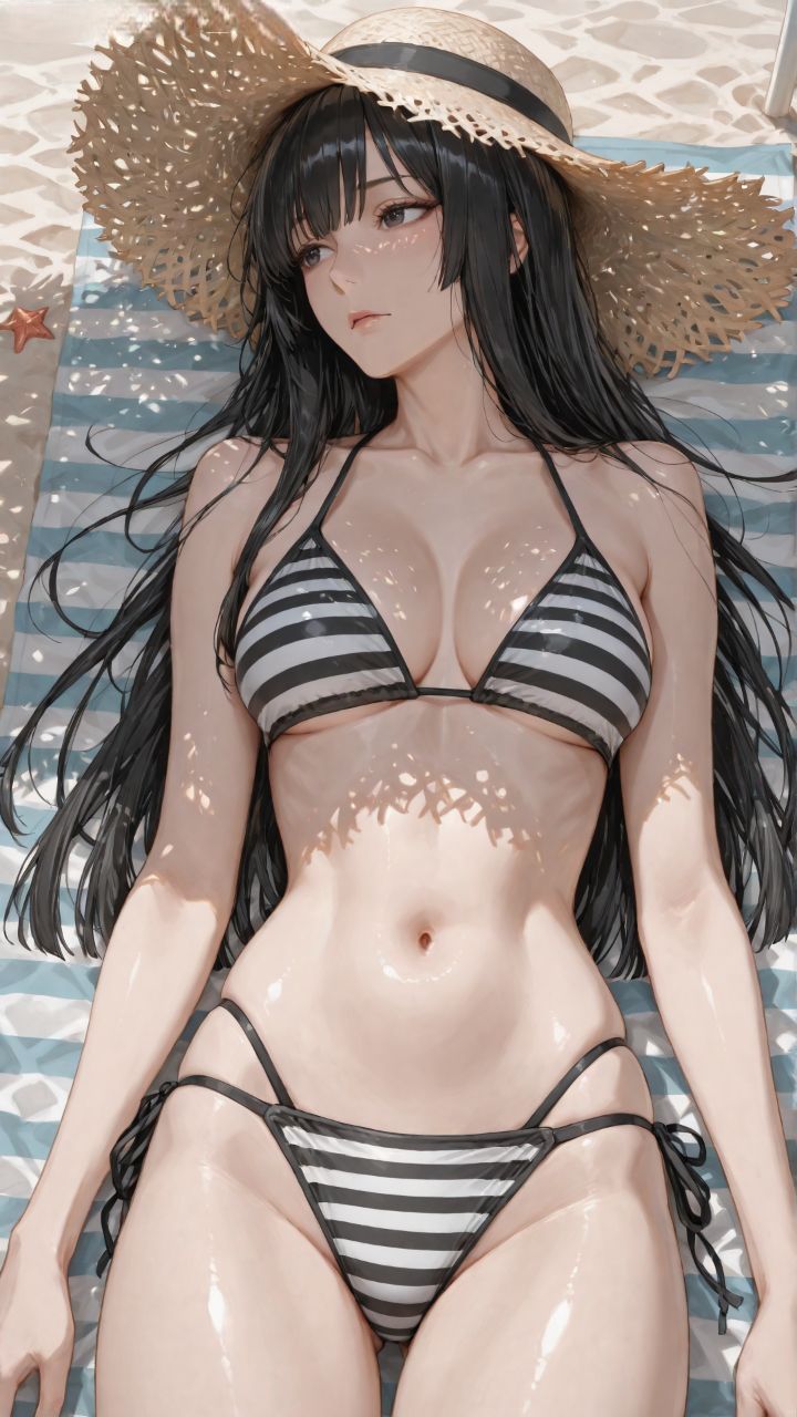 海边沙滩泳装 完美身材 草帽 颜值二次元美女 比基尼