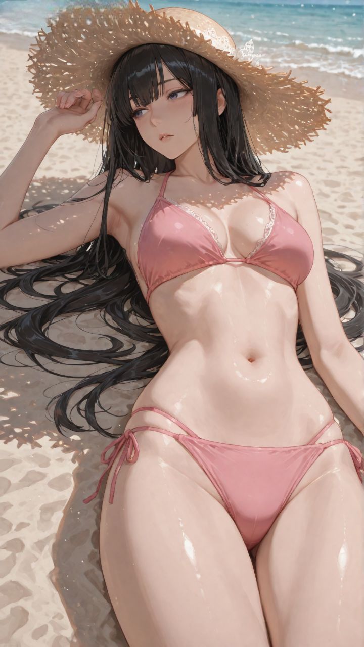 海边沙滩泳装 完美身材 草帽 颜值二次元美女 比基尼