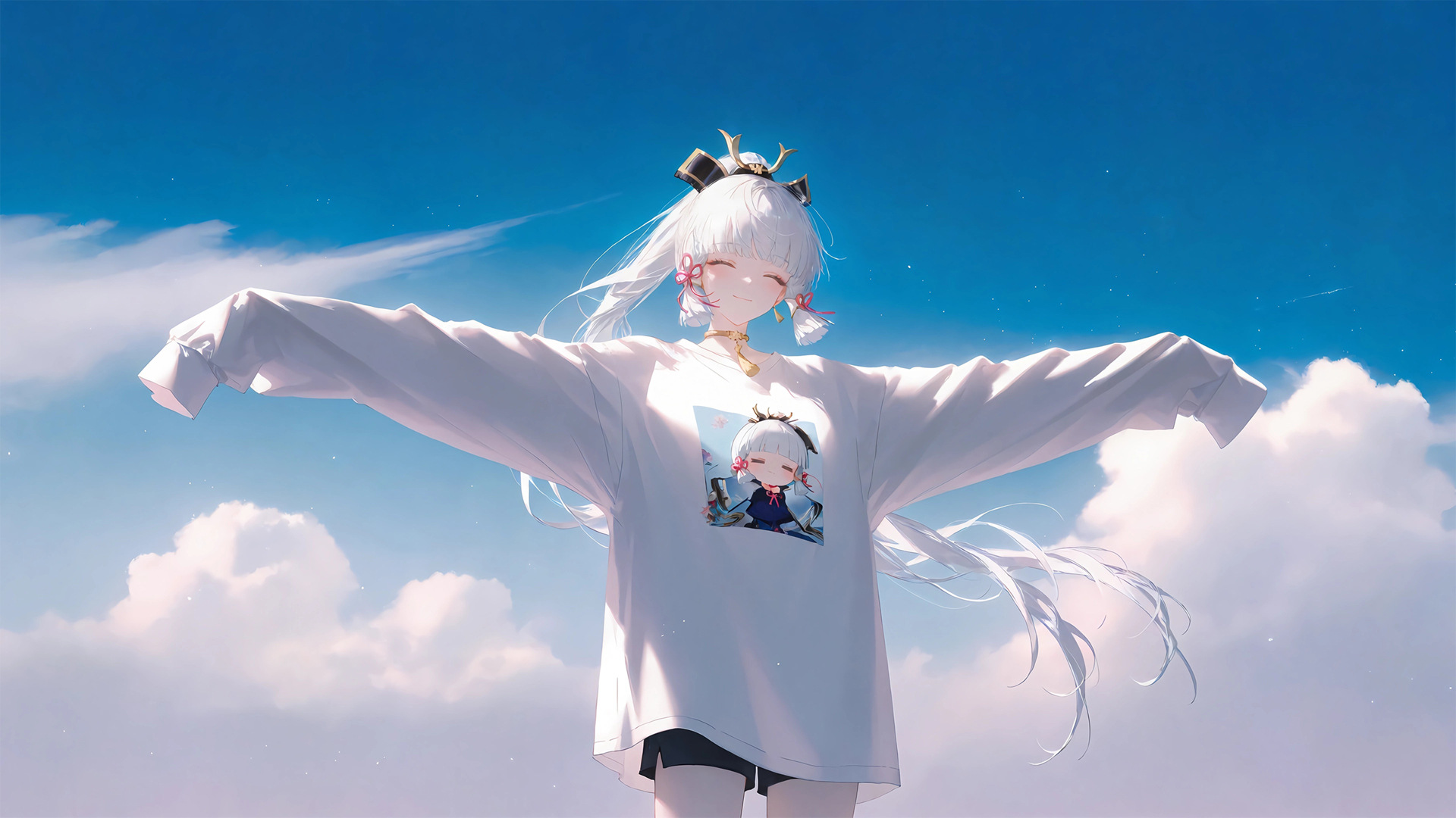 原神神里绫华 蓝天白云 白T恤 桌面电脑壁纸