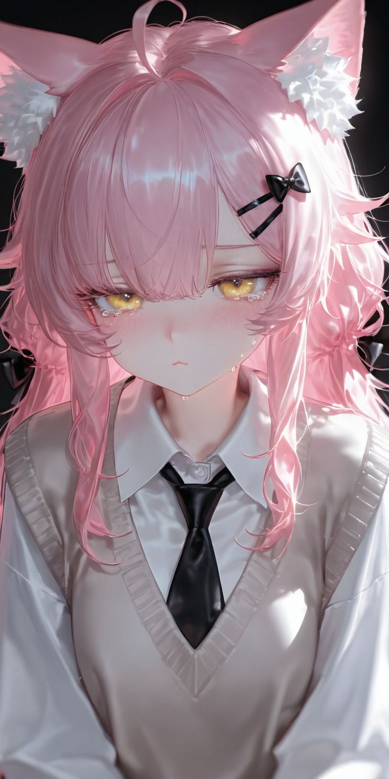 粉毛猫娘 二次元可爱少女 哭唧唧委屈巴巴 ai绘画