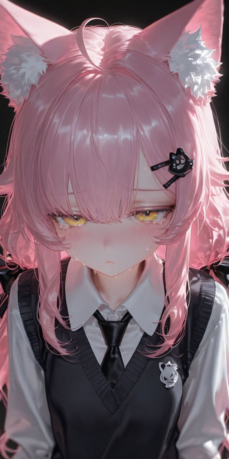 粉毛猫娘 二次元可爱少女 哭唧唧委屈巴巴 ai绘画