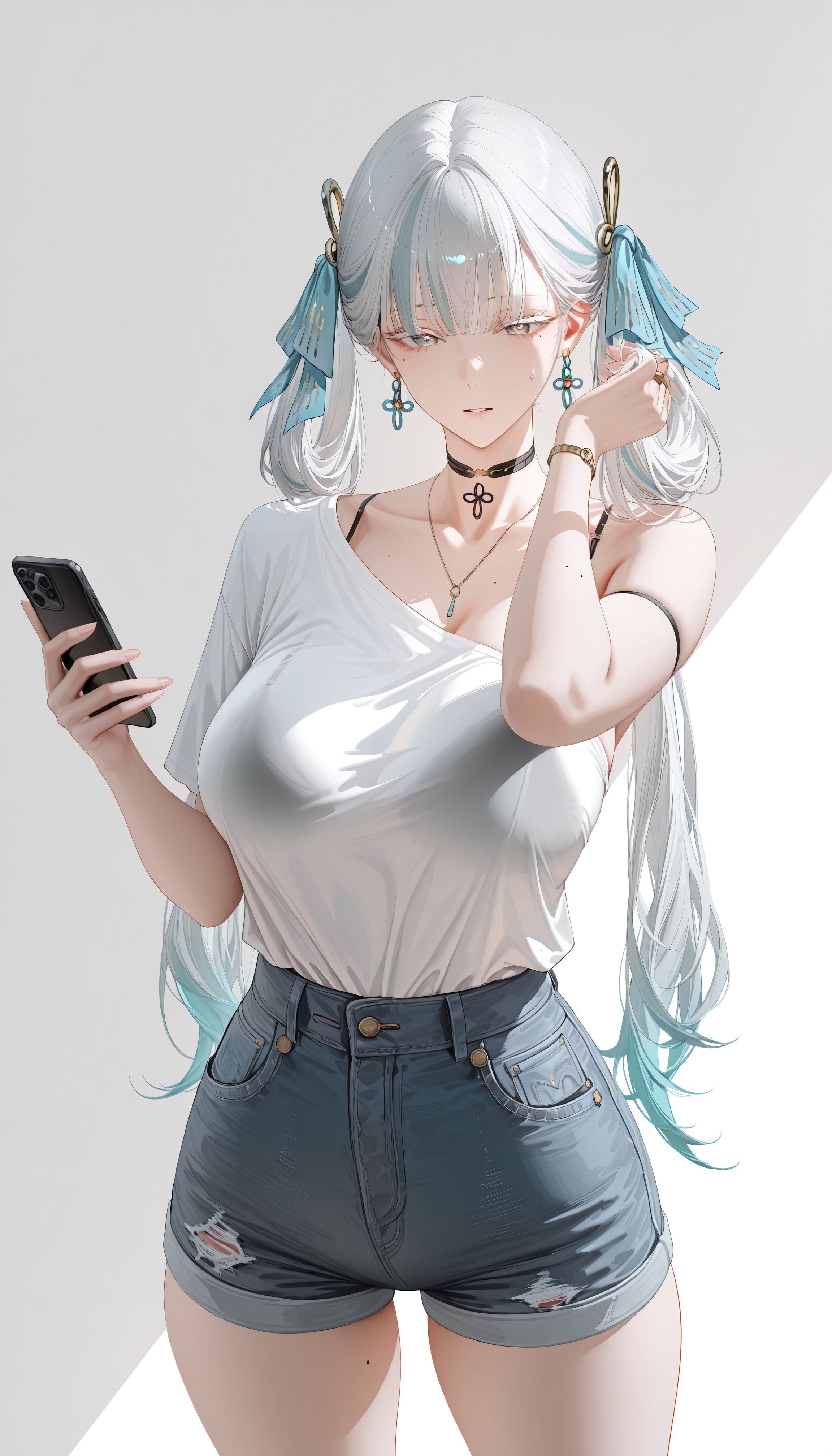 成熟御姐版今汐 鸣潮二次元游戏角色壁纸 肉肉腿 牛仔短裤 透明